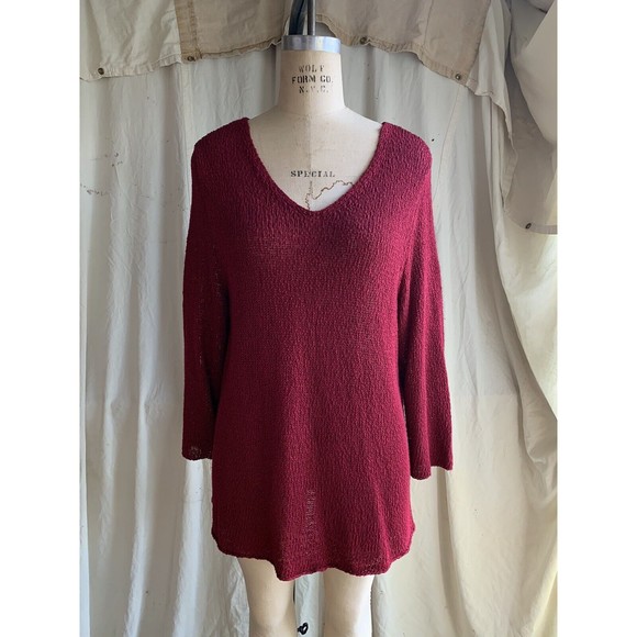 Eileen Fisher Knit Sweater Top Sz XL Cranberry Red Linen Blend Stretch V Neck - Picture 1 of 6